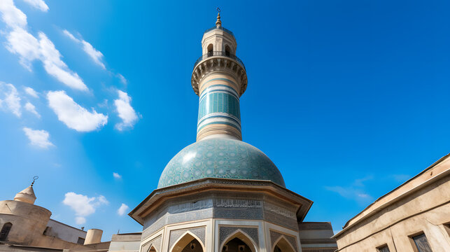 A majestic photo of a mosque's domed roof and towering minaret, standing tall against a blue sky