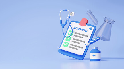 3D check mark icon with clipboard paper health checkup heartbeat drug medical doctor concept. diagnosis protection. insurance report information cost service healthcare. 3d rendering. illustration