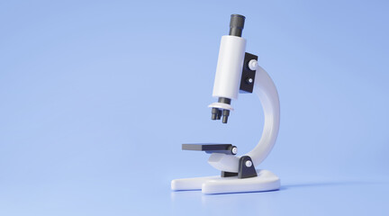 3D render realistic microscope icon on pastel background. research pharmaceuticals Science learning, molecule test chemistry biotechnology education, scientist, elements. illustration