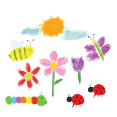 Multicolored symbols set for kindergarten, school. Children pattern. Kids drawing flowers, sun, ladybug, worm, bee, honey, butterfly.