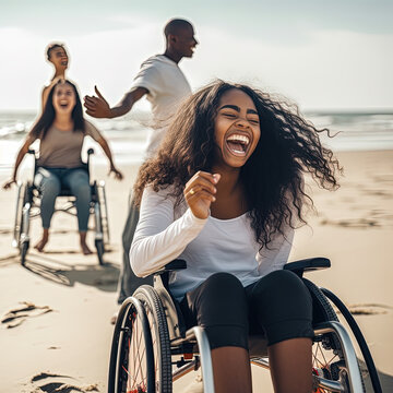 Teen friends in wheelchairs having fun at the beach. Generative AI