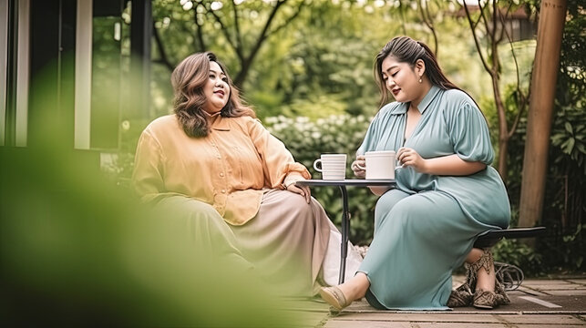 Two plus-size Asian women drinking coffee at the park. Generative AI