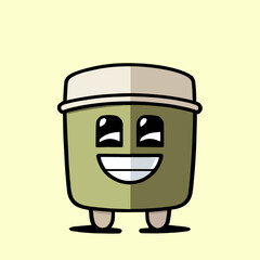 Cute mascot for a coffee cup with a happy expression, flat cartoon design, premium and simple vector art. Suitable for advertisement design, presentations, cards, books