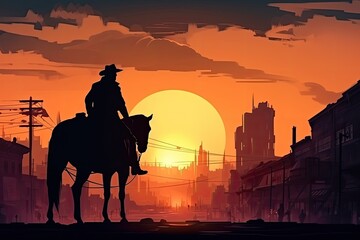 Fototapeta na wymiar wild west, silhouette of a cowboy, rider on the background of the sunset, prairie, horse. desktop wallpaper, background, canvas print. illustration