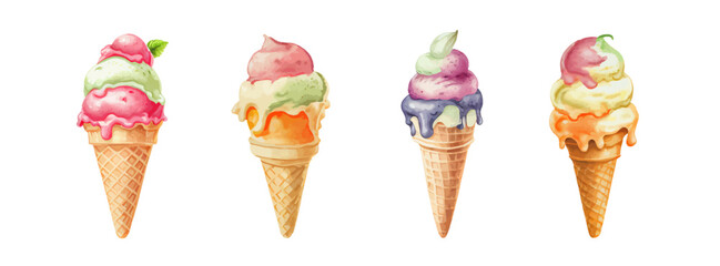 Ice cream watercolor set. Realistic summer ice cream cone, strawberry, orange, chocolate in vintage style isolated on white background. Vector illustration