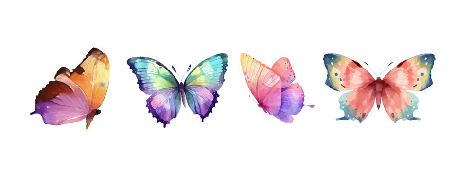 Fototapeta Colorful butterflies watercolor isolated on white background. Pink, green, brown, yellow butterfly. Spring animal vector illustration