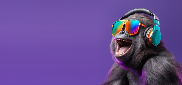 close up portrait of gorilla wearing glasses and headset, pleasant smile expression, listening to music concept happily, on copy space background. generative ai