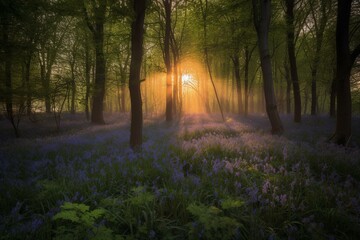 Amazing sunrise through Norfolk bluebell woodland. Generative AI