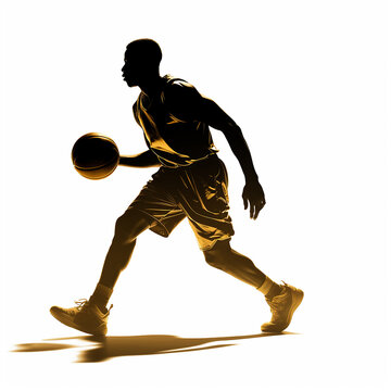 Silhouette di giocatore di basket in posa cestistica, con fiamme e tuta dorata,  su fondo bianco, ai
