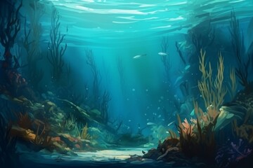 Fototapeta na wymiar Empty underwater ocean bottom background, creative digital illustration painting, Generative AI