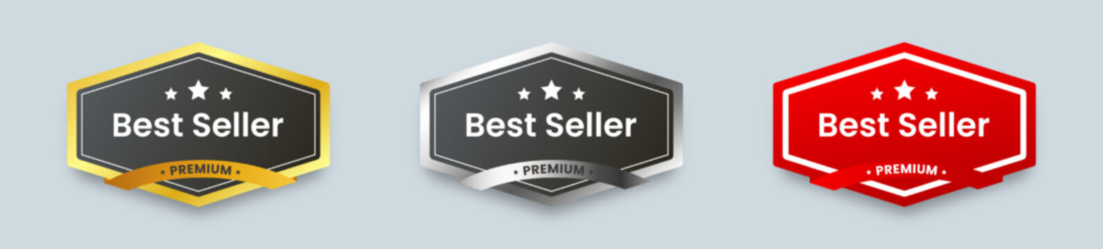 Best seller sticker label set with gold medal. Silver and red badge for product label.