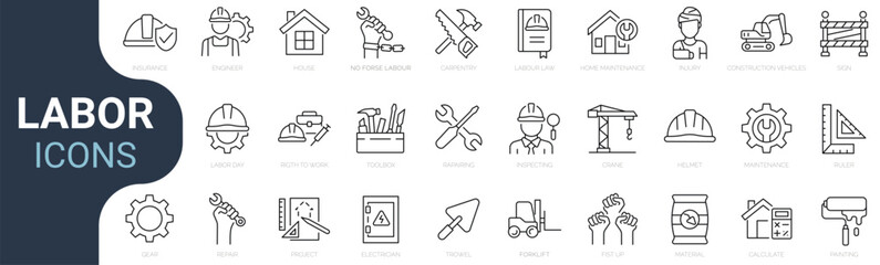 Set of line icons related to labor, construction, labour day, renovation. Outline icon collection. Vector illustration. Editable stroke. - 594941511