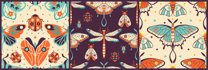 Boho seamless patterns with mystery insects. Retro-inspired, nostalgia endless patterns. Collection of vintage tile intricate spring prints and a dark night-time aesthetic.
