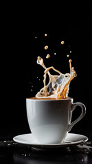 AI generated Coffee with whipped cream on a black background, splashes and drops