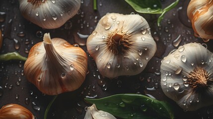 Fresh Garlic seamless background, adorned with glistening droplets of water. Top down view. Food Advertising photography. Commercial photography. Ai generative