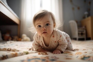 Fototapeta premium Baby crawling on the bed (Ai generated)