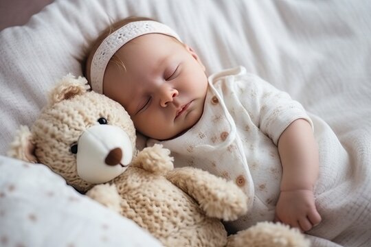 Cute newborn baby sleeps with teddy bear (Ai  generated)
