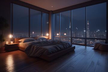 modern penthouse bedroom with night cityscape view, Generative AI	 - obrazy, fototapety, plakaty
