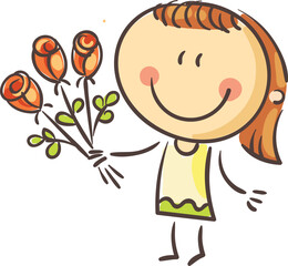 Cartoon happy girl with bouquet of roses, smiling kid congratulate with celebrate event, vector illustration