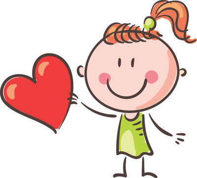 Cartoon smiling girl holding heart, valentine day clipart, happy kid vector illustration