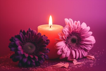 Obraz na płótnie Canvas a candle and some flowers on a pink and purple background with a candle in the middle of the candle and a flower on the side of the candle. generative ai