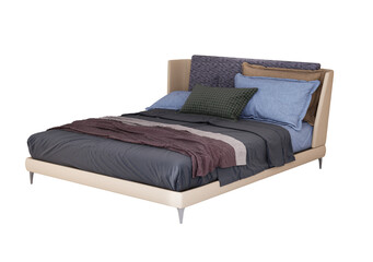 3d Furniture modern Bed king size with fabric blue and brown color headboard, isolated on a white background