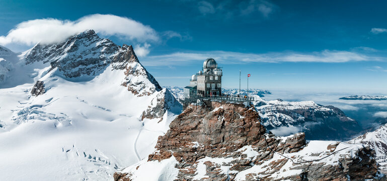 Aerial panorama view of the Sphinx Observatory on Jungfraujoch - Top of Europe, one of the highest observatories in the world located at the Jungfrau railway station, Bernese Oberland, Switzerland.