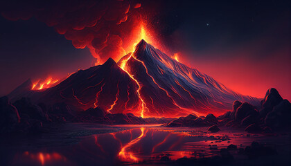 Illustration painting of a night landscape with volcano eruption, Generative AI - obrazy, fototapety, plakaty