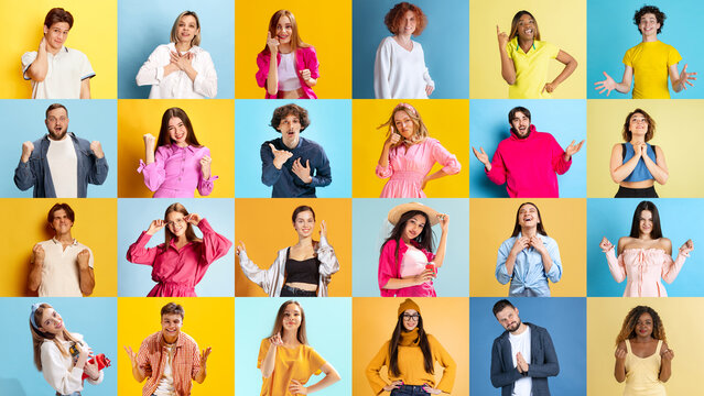 Collage with young ethnically diverse people, men and women expressing different emotions over yellow and blue studio background. Surprise, joy