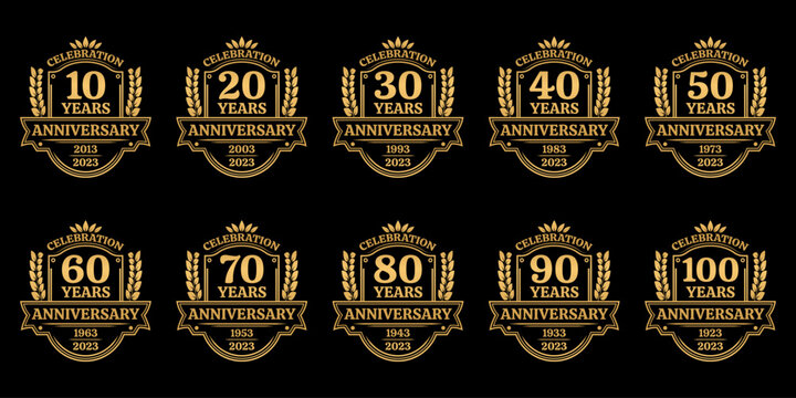 10, 20, 30, 40, 50, 60, 70, 80, 90, 100 years anniversary icon or logo. Vintage birthday banner design with laurel wreath. Anniversary celebration badge or label collection. Vector illustration.