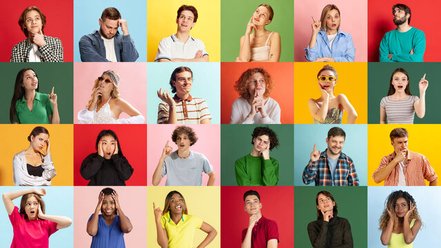 Collage of large group of ethnically diverse doubtful people, men and women expressing uncertain emotions over multicolored background. Insight