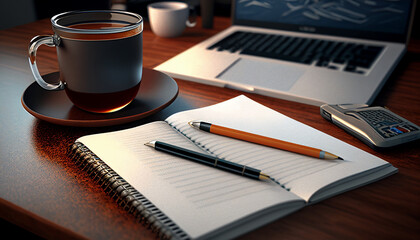 Notebook and pen on the table, office table with coffee cup, keyboard, and notepad, Generative AI