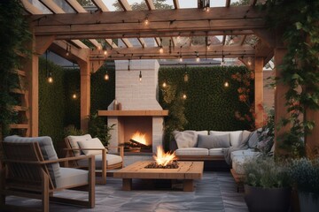 Fototapeta na wymiar A cozy outdoor living room with a pergola and fireplace3, Generative AI