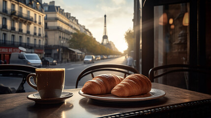 Coffee and croissant in street of Paris