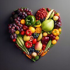 Naklejka na ściany i meble Illustration of a Creative Photo of Heart-shaped fruit and vegetable sculpture, Heart-Healthy eat vegetables and fruits message Healthy Heart A Colorful Display of Fruits and Vegetables, Ai generated