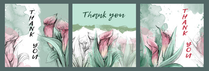 A set of cards, Thank you cards with a floral print drawn by hand. Calla lilies on the Thank you card. Thank you card with flowers.