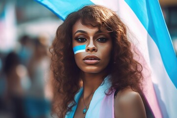 Beautiful fictional black transgender person with trans flag at gay pride, banner for pride month or transgender day of remembrance - obrazy, fototapety, plakaty