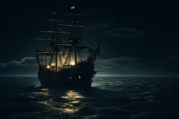 Fototapeta na wymiar Pirates Ship In The Dark Ocean. Generative AI