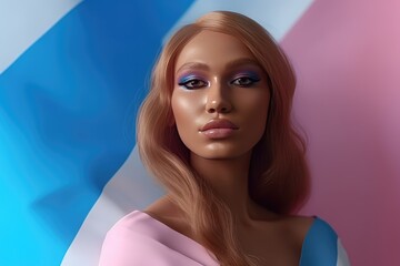 Beautiful fictional transgender person with trans flag at gay pride, banner for pride month created with generative ai - obrazy, fototapety, plakaty