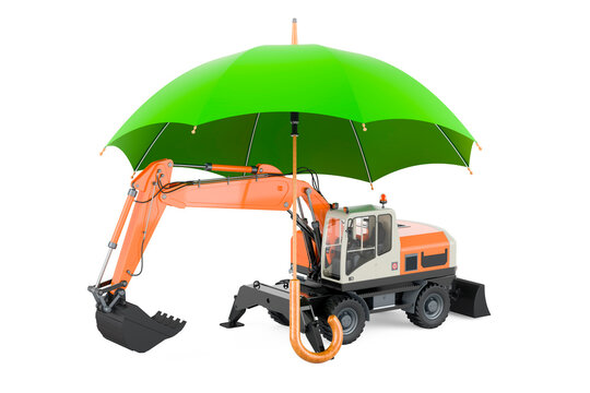 Excavator under umbrella, 3D rendering