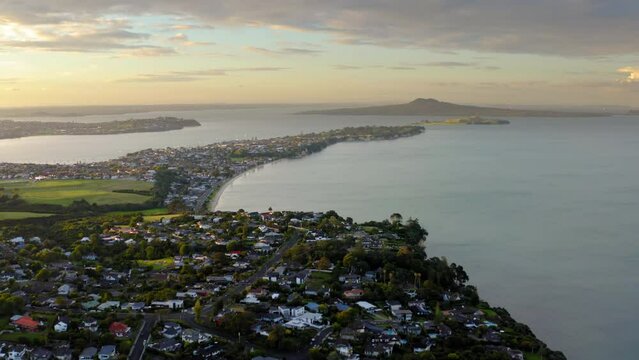 Drone view over a residential area in Howick on a coastline in Auckland, New Zealand