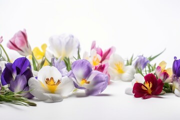 Obraz na płótnie Canvas Beautiful spring flowers on white background. Banner for design. Generative AI