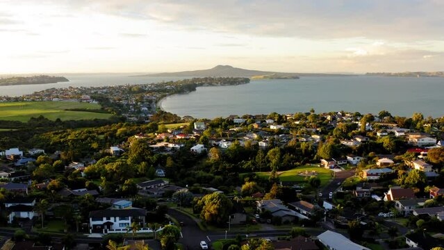 Drone view over a residential area in Howick on a coastline in Auckland, New Zealand