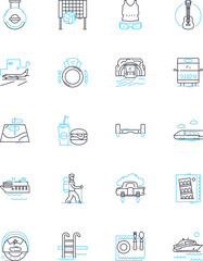 Journey linear icons set. Exploration, Odyssey, Adventure, Pilgrimage, Passage, Progress, Excursion line vector and concept signs. Trek,Expedition,Quest outline illustrations