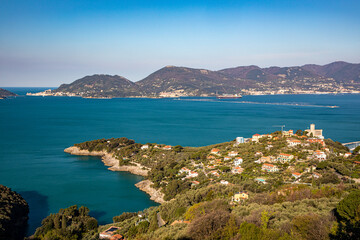 Naklejka na ściany i meble Elevated view of the Gulf of La Spezia, Liguria, Italy, Europe. Lerici town with the ancient castle, and Porto Venere, UNESCO world heritage site.