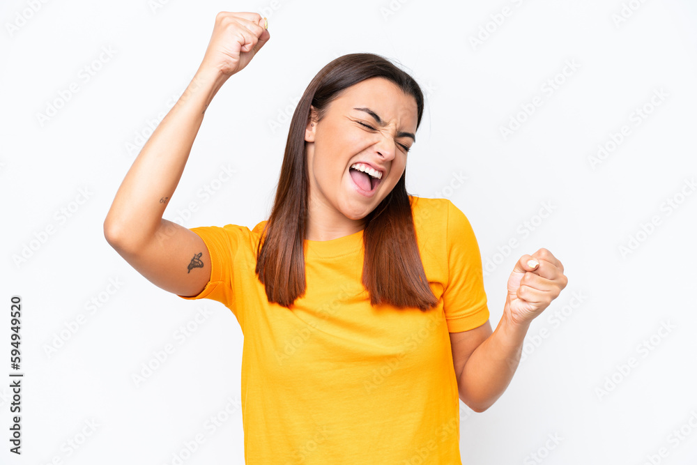 Poster Young caucasian woman isolated on white background celebrating a victory