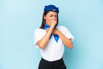 Airplane stewardess caucasian woman isolated on blue background is suffering with cough and feeling bad