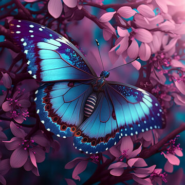 Beautiful blue butterfly on blossom flower