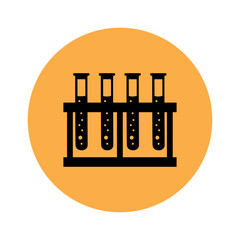 Icon rack with test tubes. Icon of a test tube with solutions in a rack on an orange background in the form of a circle. Chemical laboratory test tubes with liquid