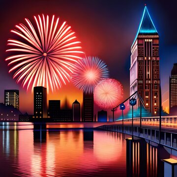 The sky at night with colorful fireworks is in a beautiful city, good use for business, wallpaper, blog, website, company. Image from Ai Generated